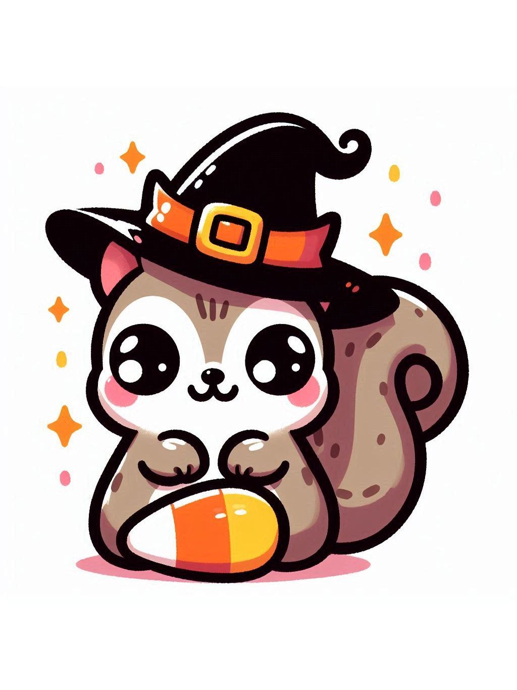 halloween cute animals drawings: An adorable squirrel dressed as a witch with a candy corn.